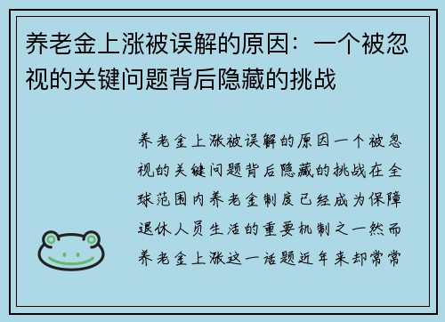养老金上涨被误解的原因：一个被忽视的关键问题背后隐藏的挑战