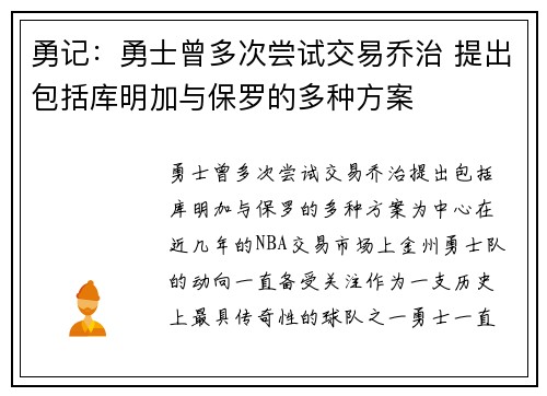 勇记：勇士曾多次尝试交易乔治 提出包括库明加与保罗的多种方案