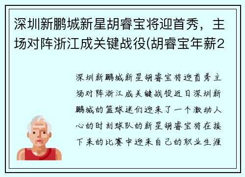 深圳新鹏城新星胡睿宝将迎首秀，主场对阵浙江成关键战役(胡睿宝年薪2700万)