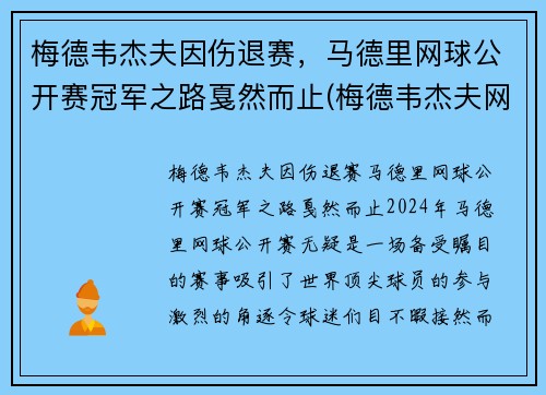 梅德韦杰夫因伤退赛，马德里网球公开赛冠军之路戛然而止(梅德韦杰夫网球世界排名)