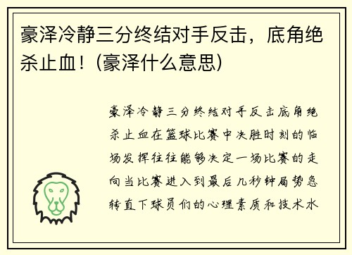 豪泽冷静三分终结对手反击，底角绝杀止血！(豪泽什么意思)