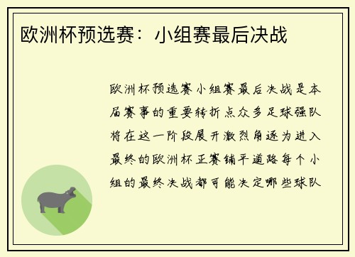 欧洲杯预选赛：小组赛最后决战