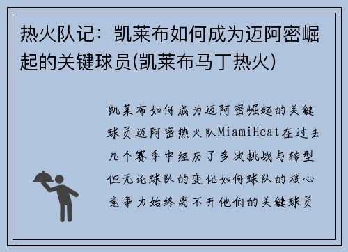 热火队记：凯莱布如何成为迈阿密崛起的关键球员(凯莱布马丁热火)
